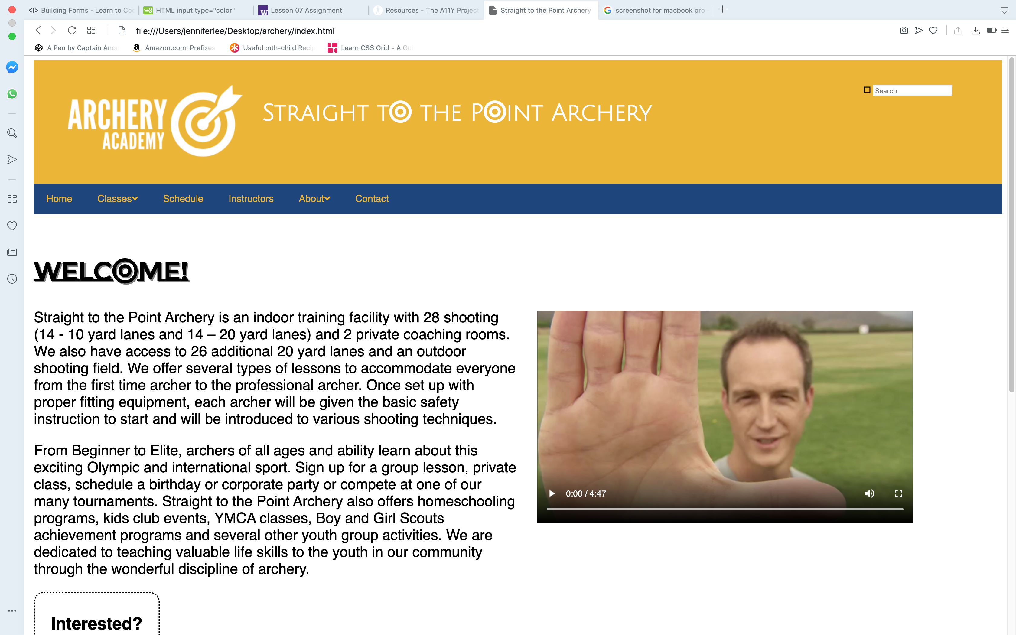 screenshot of instructors page on archery mockup project of faux archery business