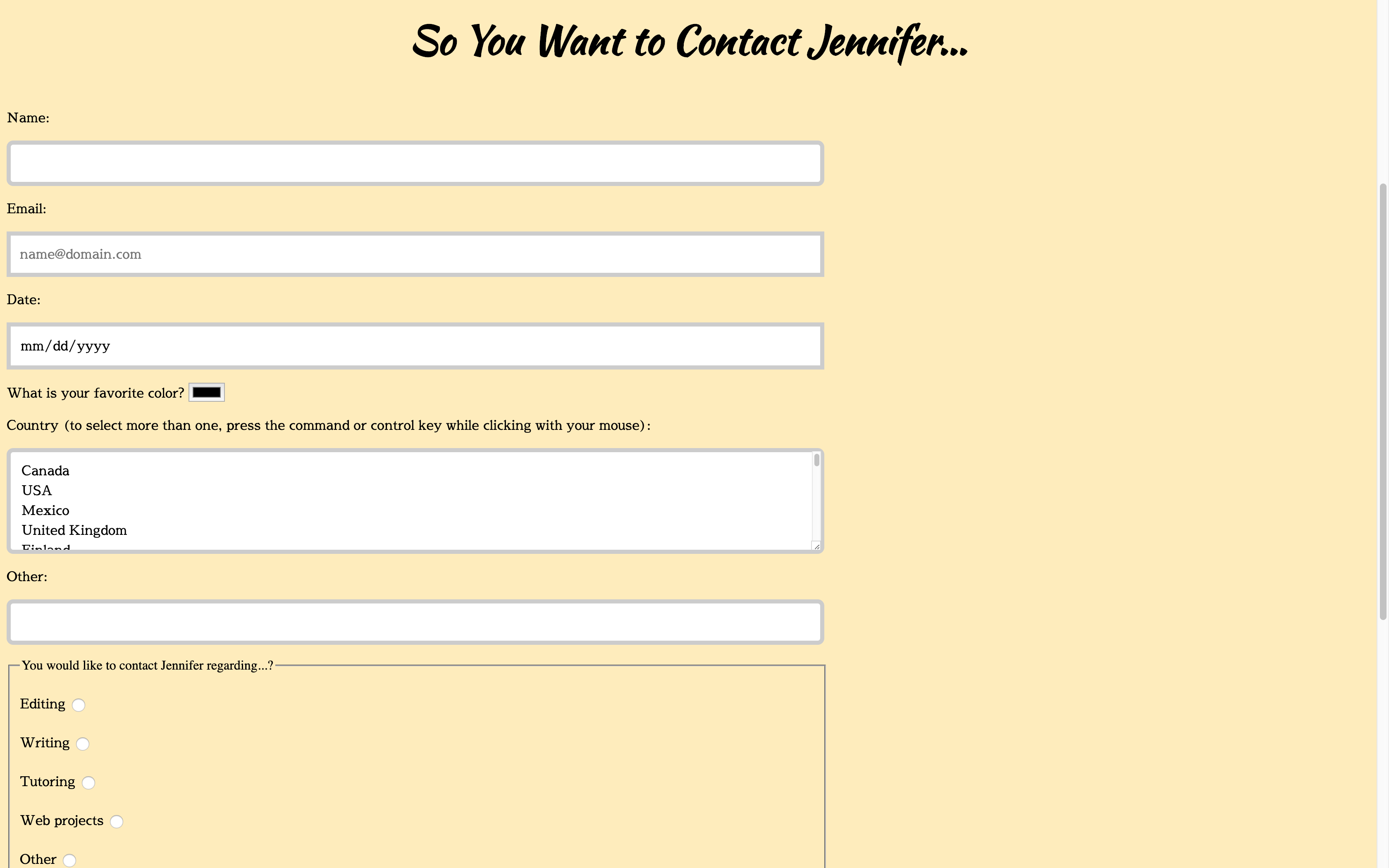 screenshot of contact page on portfolio project