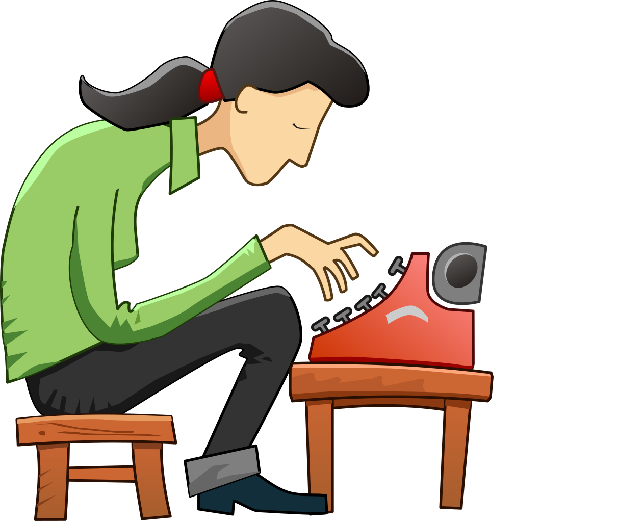 a brunette with a pigtail slouched over her typewriter and working