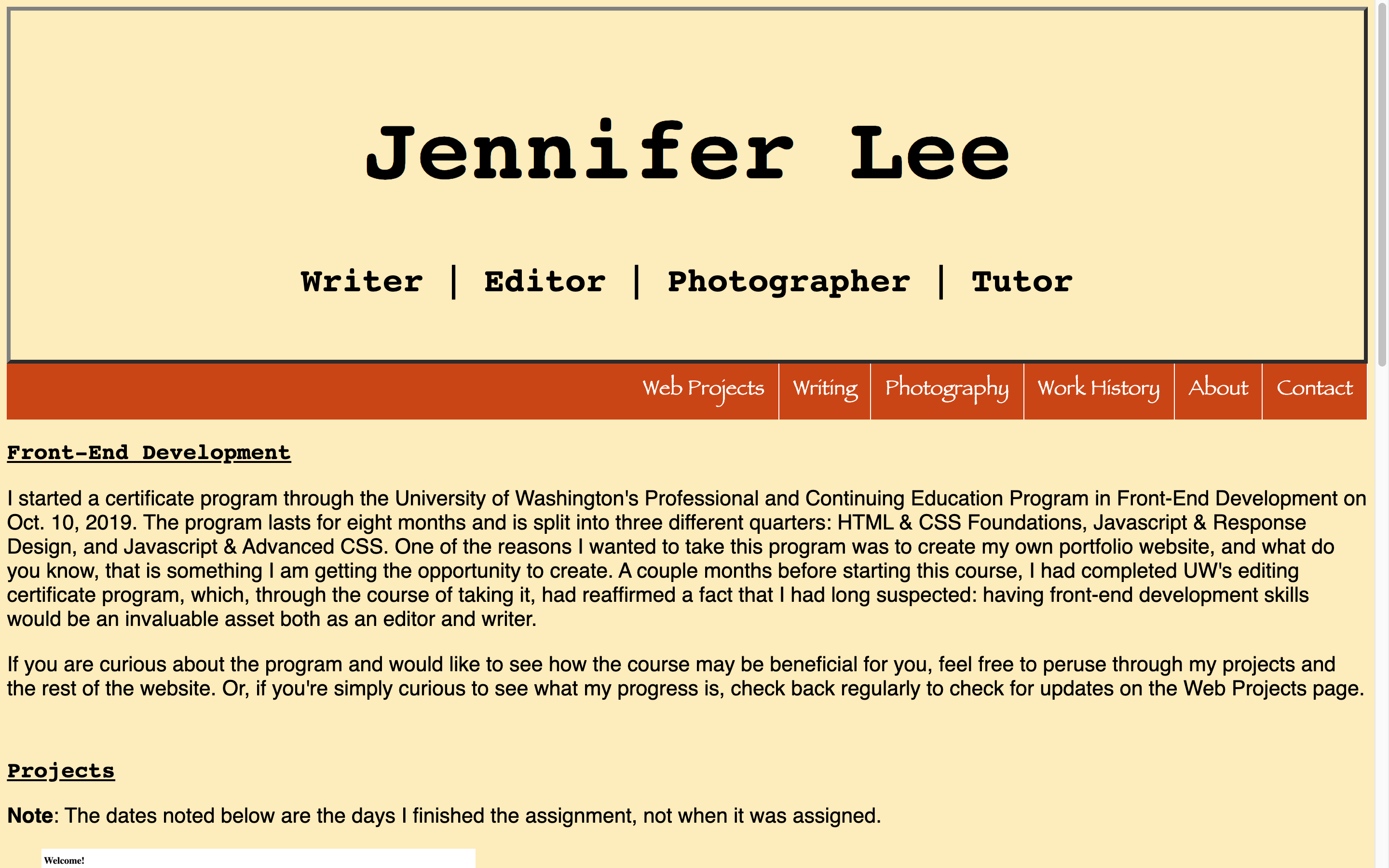 screenshot of portfolio project with first application of css